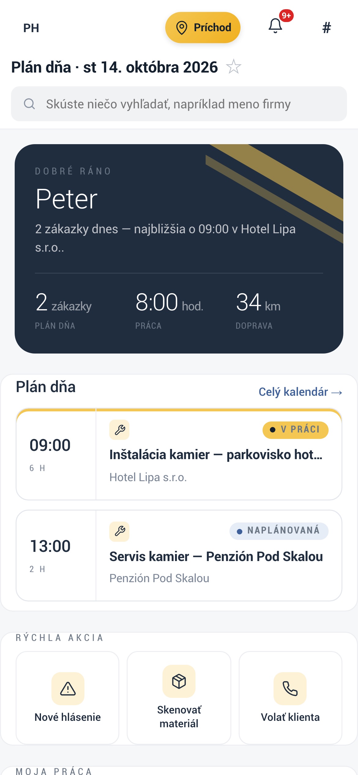 Plán dňa technika v mobile